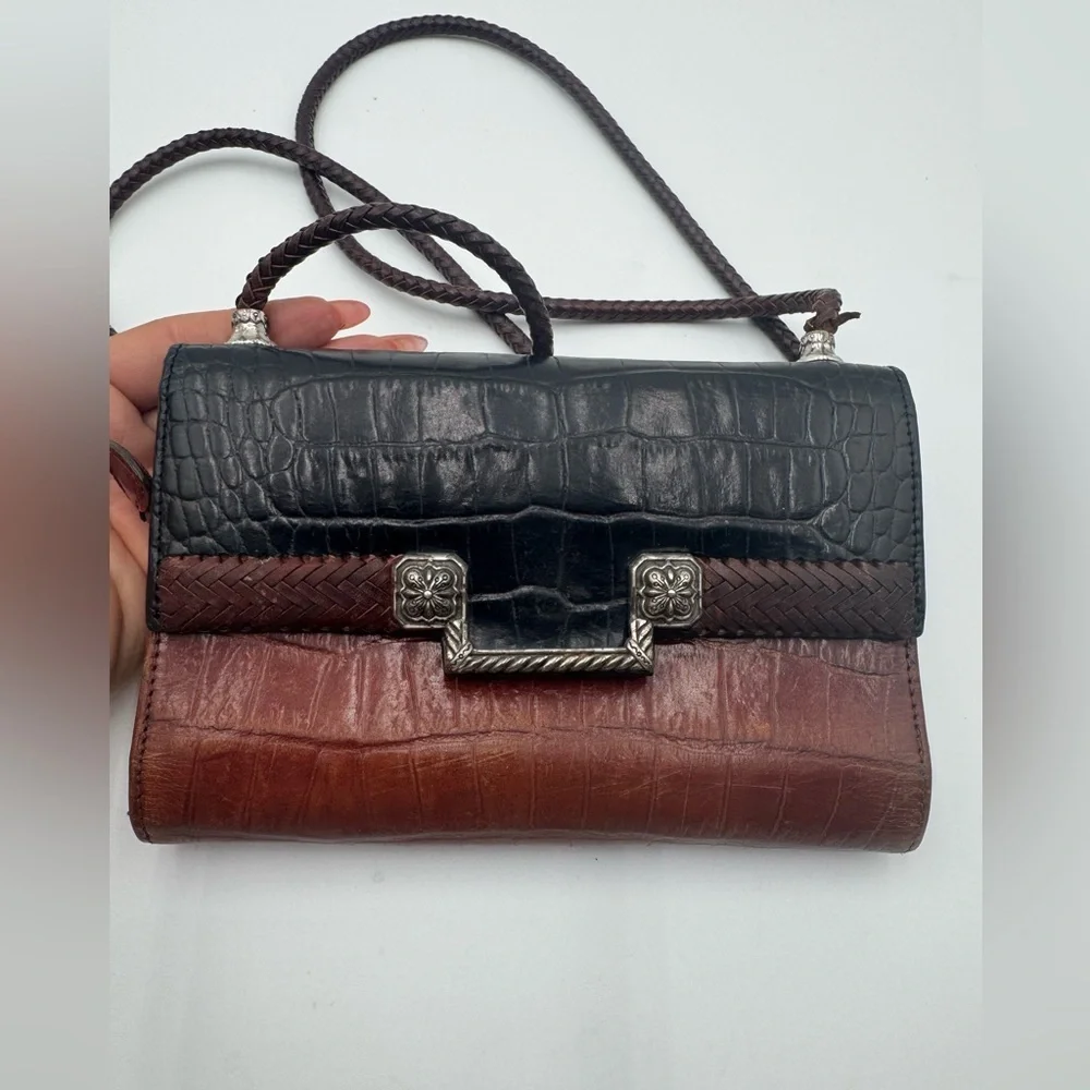 BRIGHTON Large Wallet Organizer Black Brown Croc Embossed Roped Chain